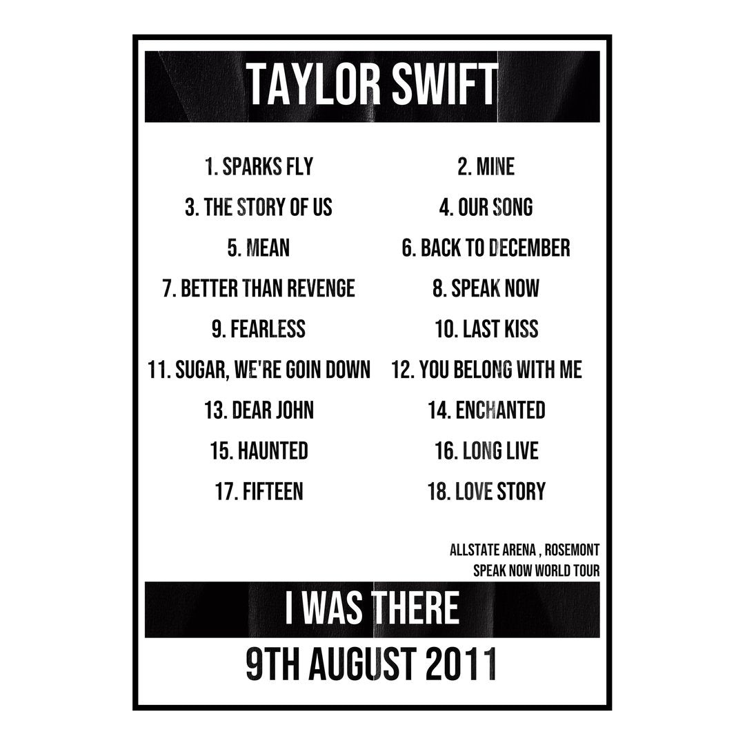 Taylor Swift Rosemont 9th August 2011 Setlist poster