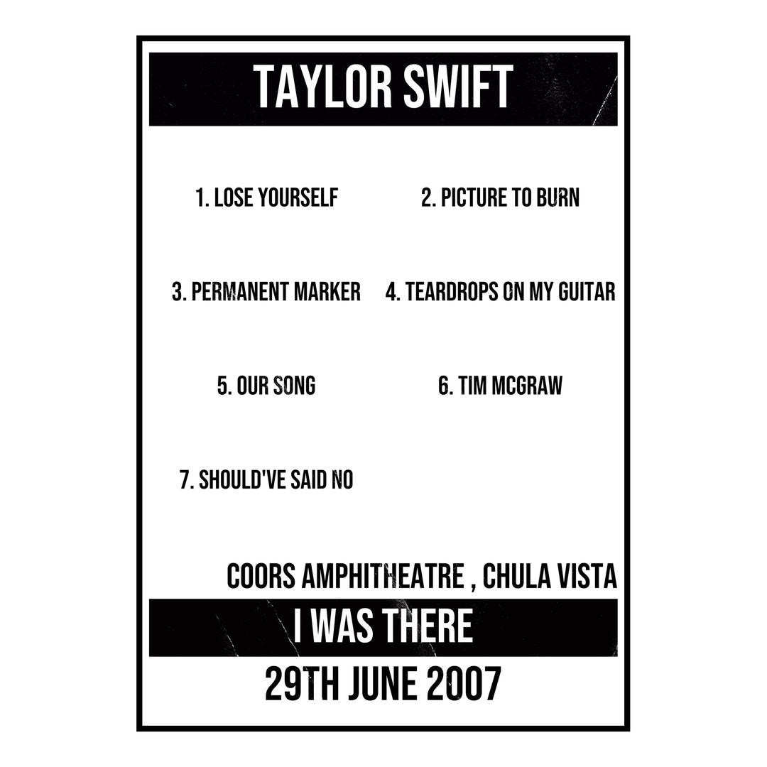 Taylor Swift Chula Vista 29th June 2007 Setlist poster