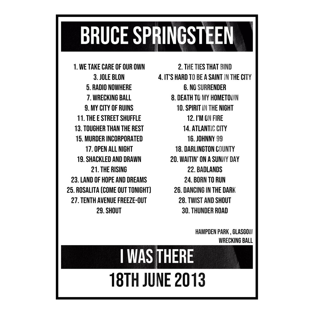 Bruce Springsteen Glasgow 18th June 2013 Setlist poster