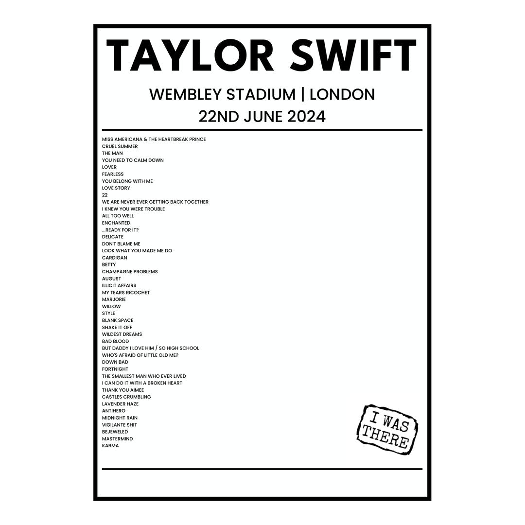 Taylor Swift London 22nd June 2024 Setlist poster