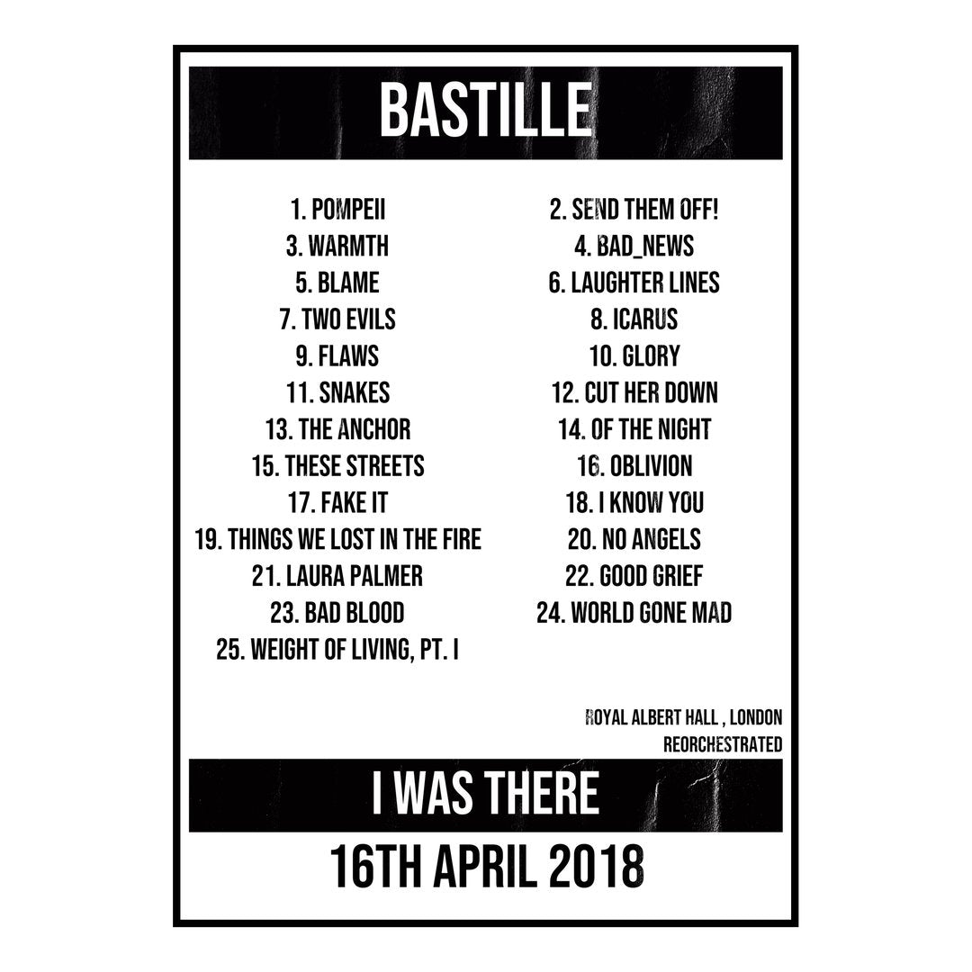 Bastille London 16th April 2018 Setlist poster