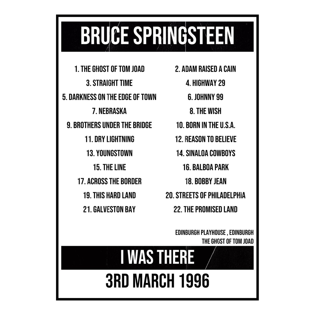 Bruce Springsteen Edinburgh 3rd March 1996 Setlist poster