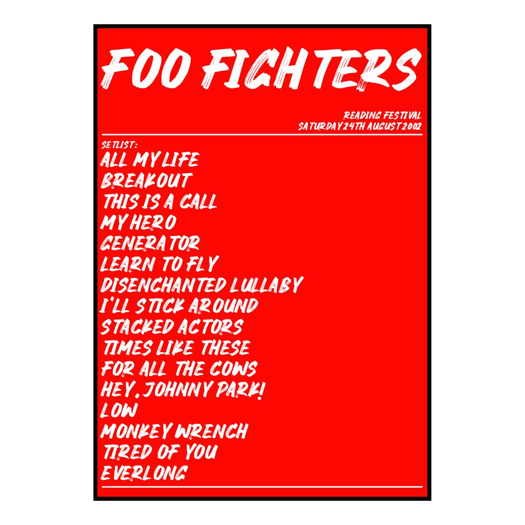 Foo Fighters Reading 24th August 2002 Setlist poster