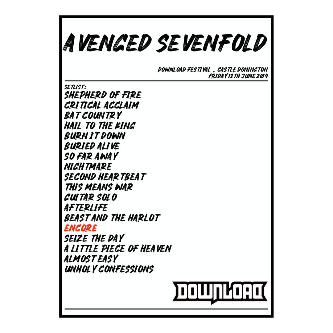 Avenged Sevenfold Castle Donington 13th June 2014 Setlist poster