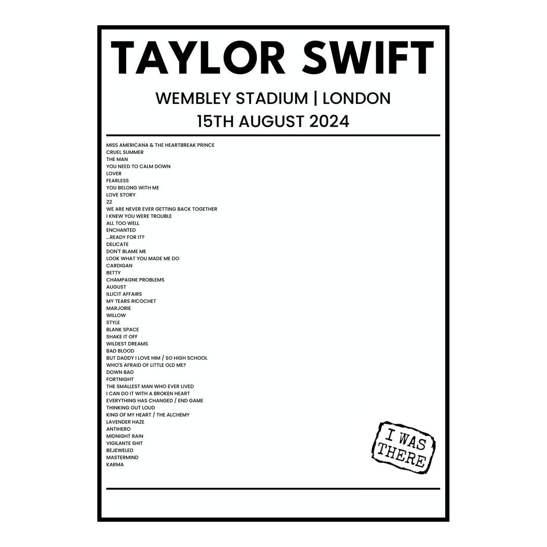 Taylor Swift London 15th August 2024 Setlist poster