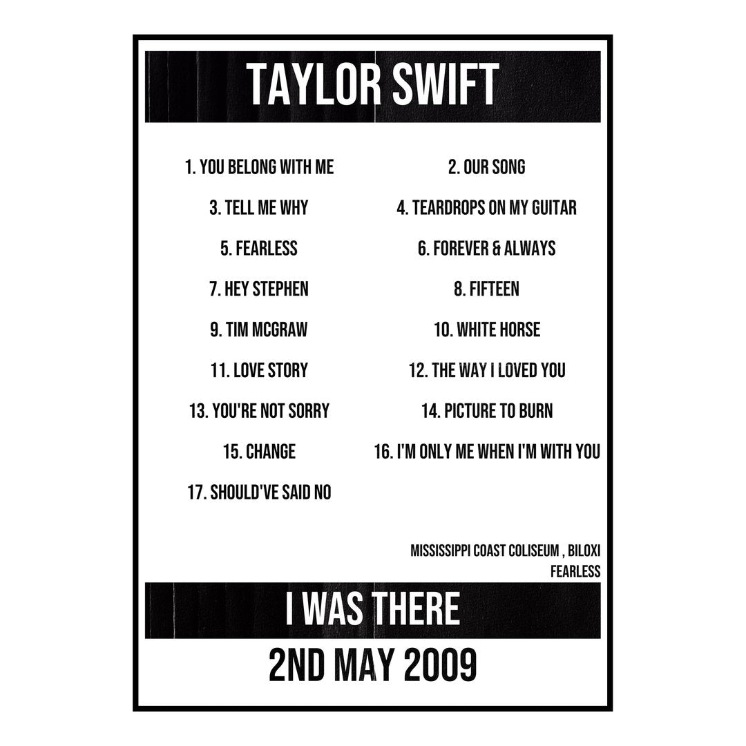 Taylor Swift Biloxi 2nd May 2009 Setlist poster