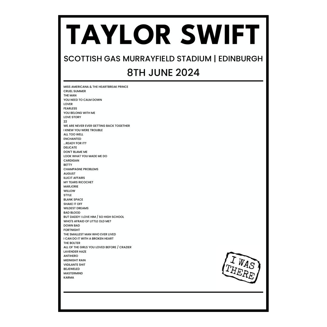 Taylor Swift Edinburgh 8th June 2024 Setlist poster