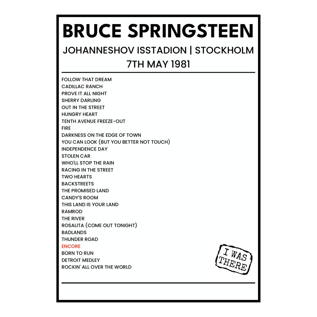 Bruce Springsteen Stockholm 7th May 1981 Setlist poster
