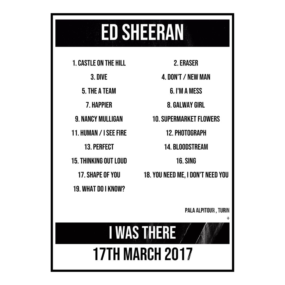 Ed Sheeran Turin 17th March 2017 Setlist poster
