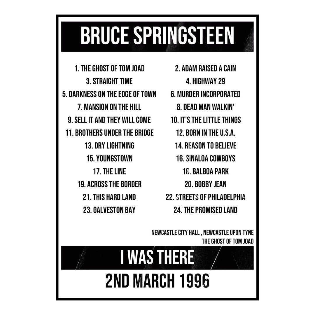 Bruce Springsteen Newcastle upon Tyne 2nd March 1996 Setlist poster
