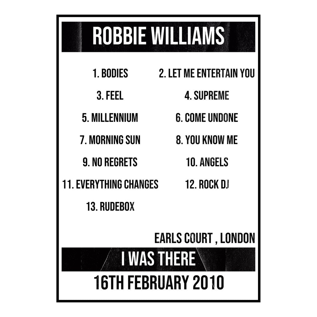 Robbie Williams London 16th February 2010 Setlist poster