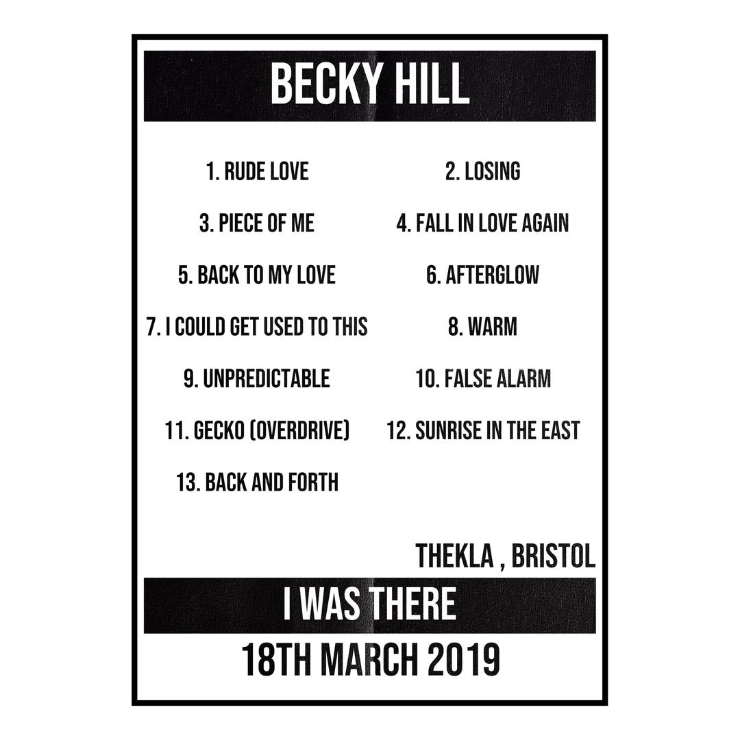 Becky Hill Bristol 18th March 2019 Setlist poster