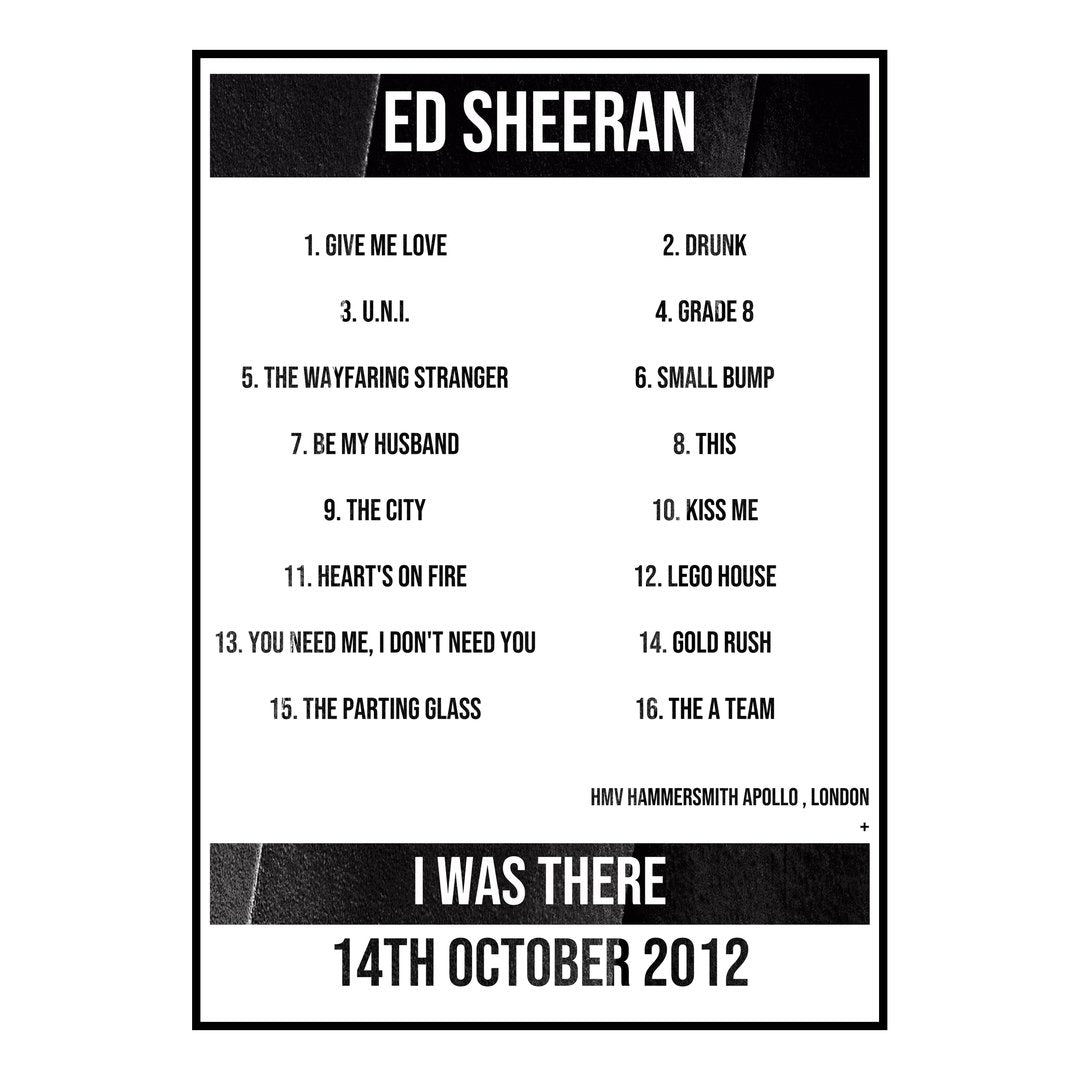 Ed Sheeran London 14th October 2012 Setlist poster