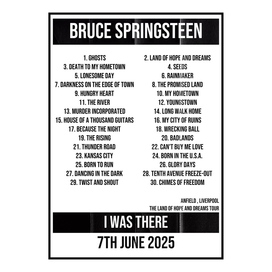 Bruce Springsteen Liverpool 7th June 2025 Setlist poster