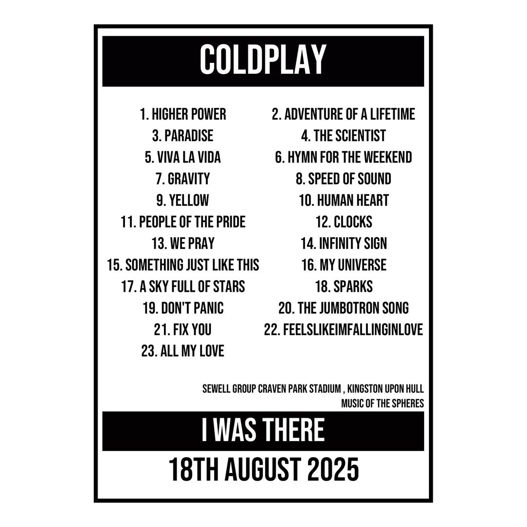A Setlist Poster Featuring Coldplay Gig from Kingston upon Hull in 2025
