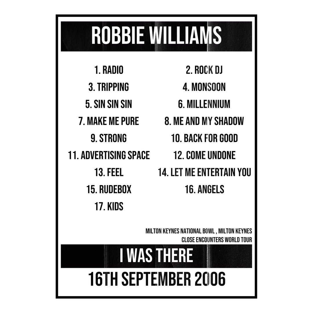Robbie Williams Milton Keynes 16th September 2006 Setlist poster