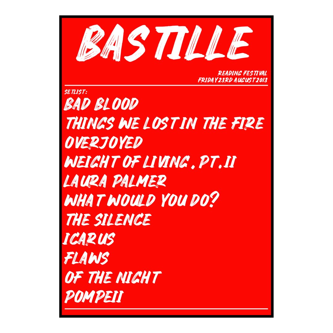 Bastille Reading 23rd August 2013 Setlist poster