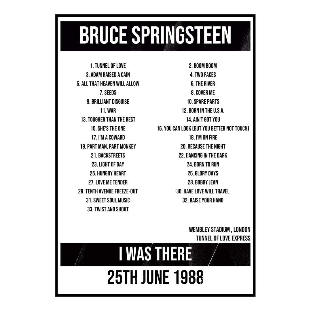 Bruce Springsteen London 25th June 1988 Setlist poster