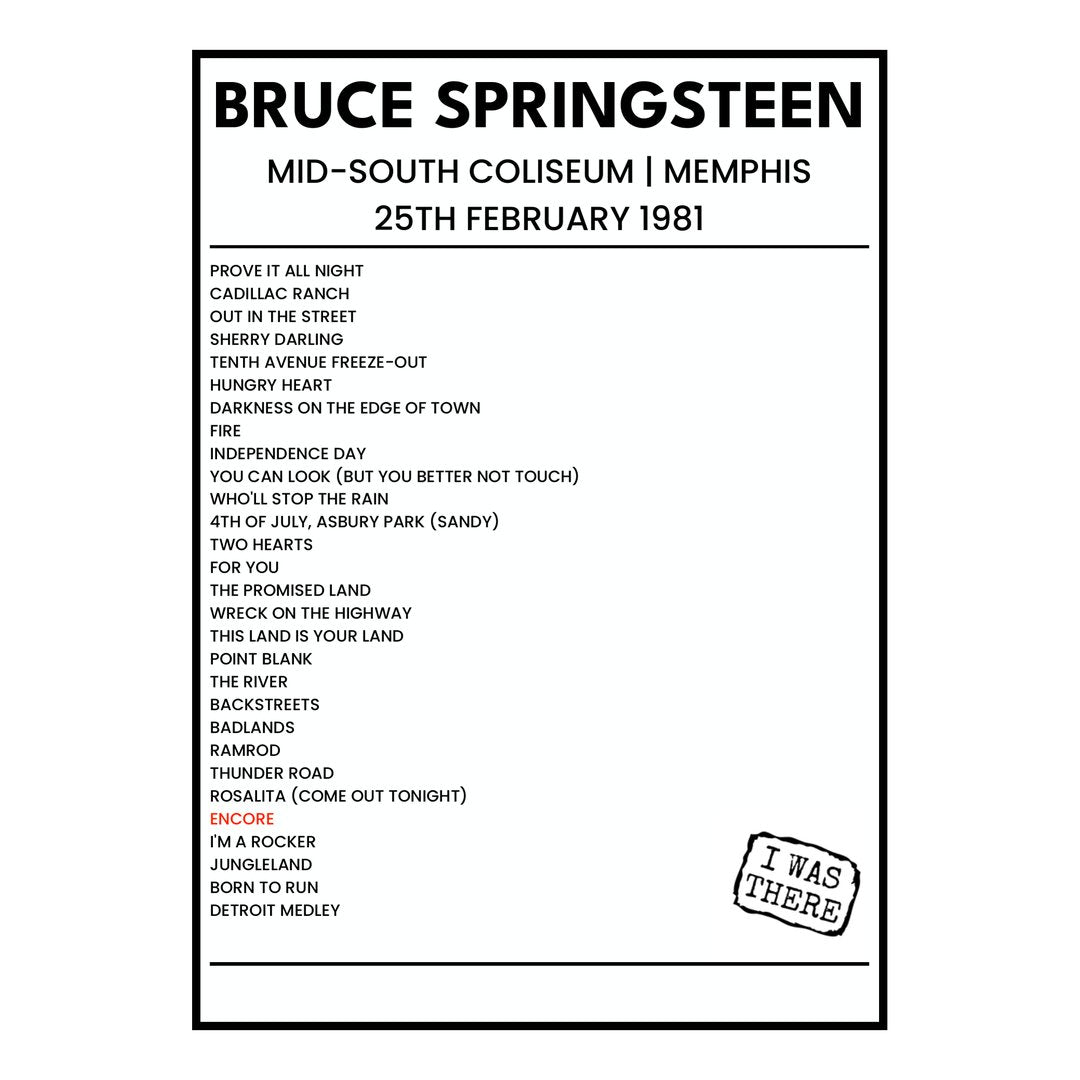 Bruce Springsteen Memphis 25th February 1981 Setlist poster