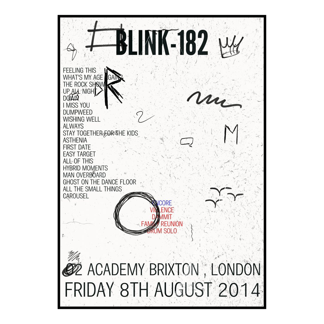 blink‐182 London 8th August 2014 Setlist poster