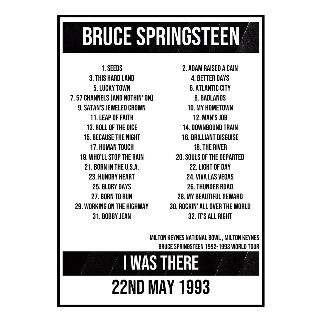 Bruce Springsteen Milton Keynes 22nd May 1993 Setlist poster