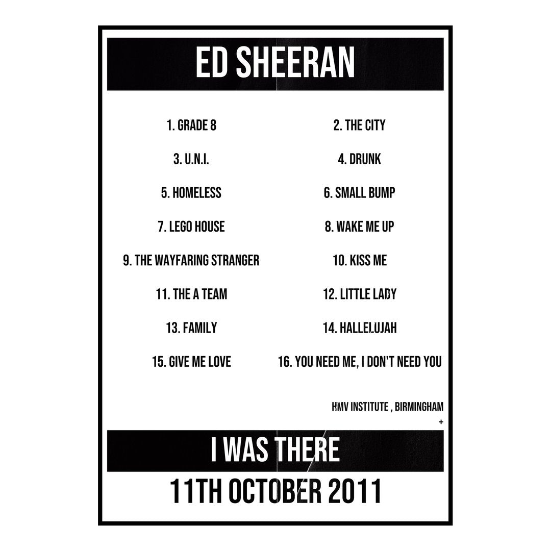 Ed Sheeran Birmingham 11th October 2011 Setlist poster