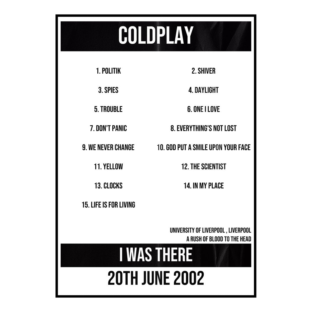 Coldplay Liverpool 20th June 2002 Setlist poster