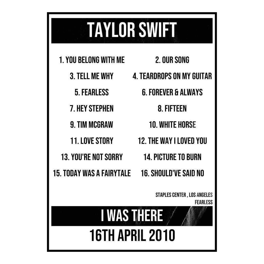 Taylor Swift Los Angeles 16th April 2010 Setlist poster