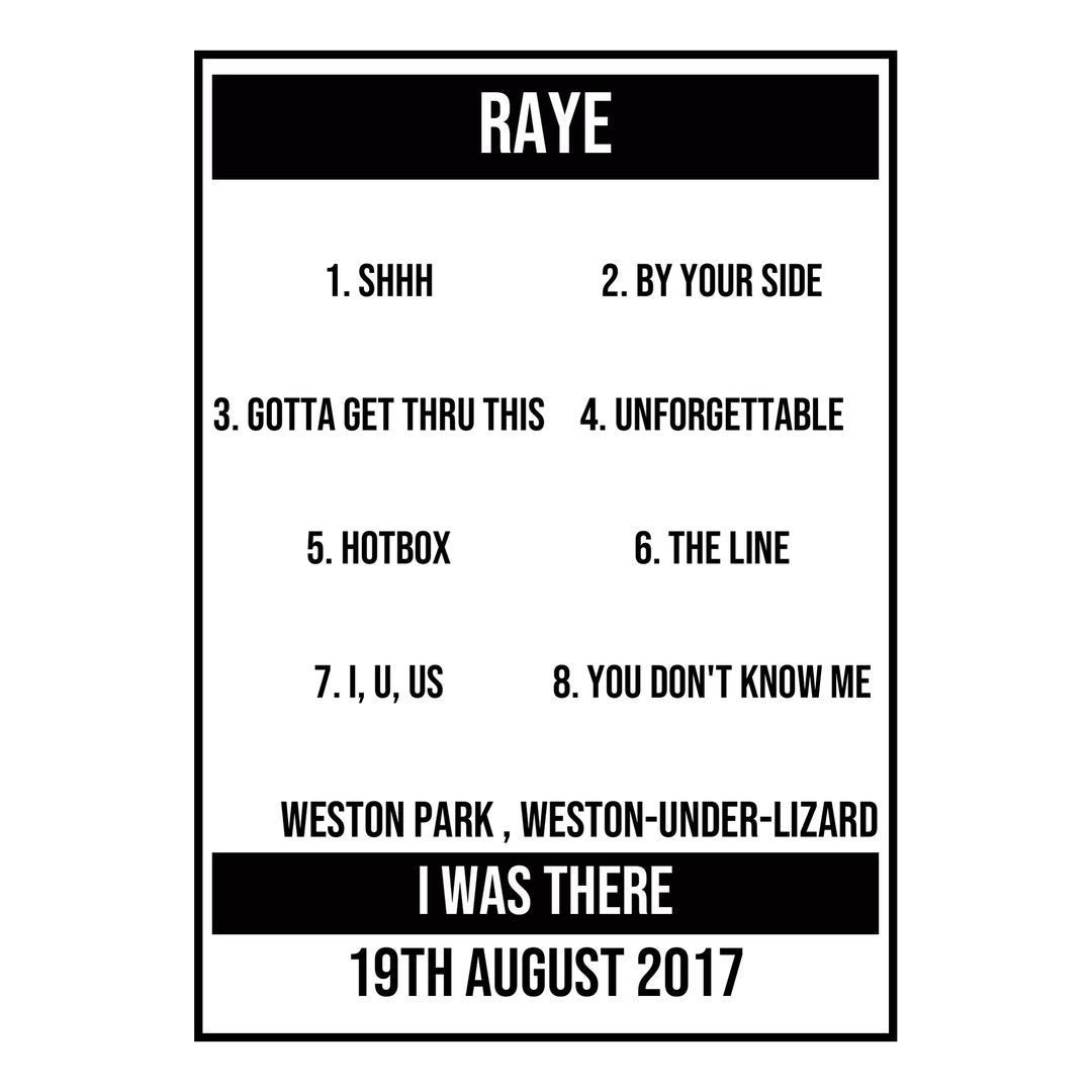 A Setlist Poster Featuring RAYE Gig from Weston-under-Lizard in 2017