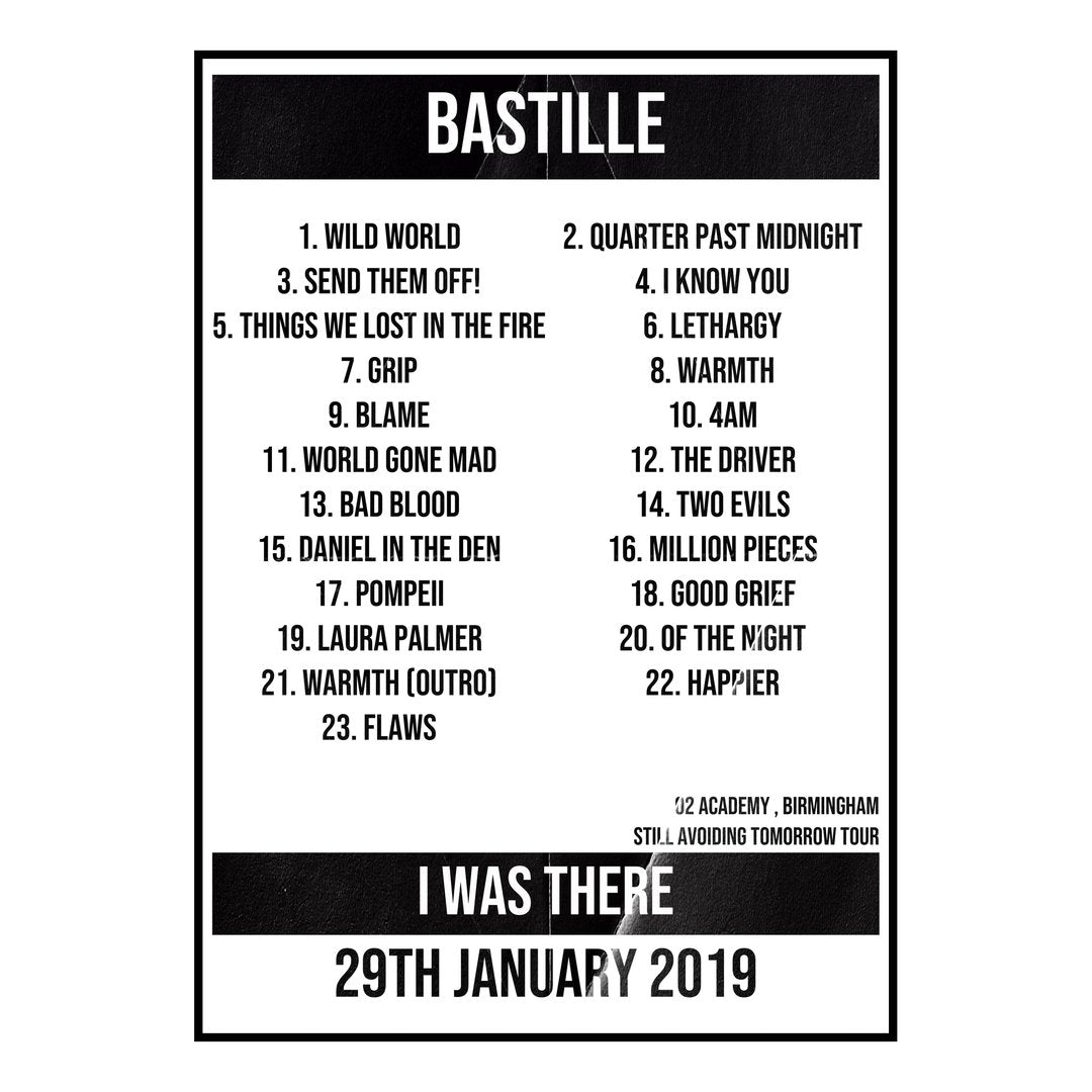 Bastille Birmingham 29th January 2019 Setlist poster