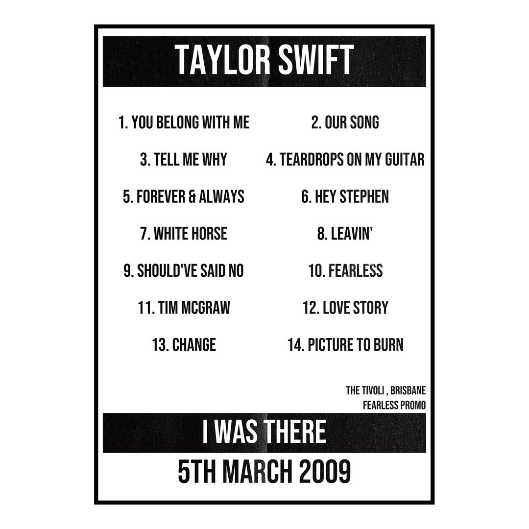 Taylor Swift Brisbane 5th March 2009 Setlist poster