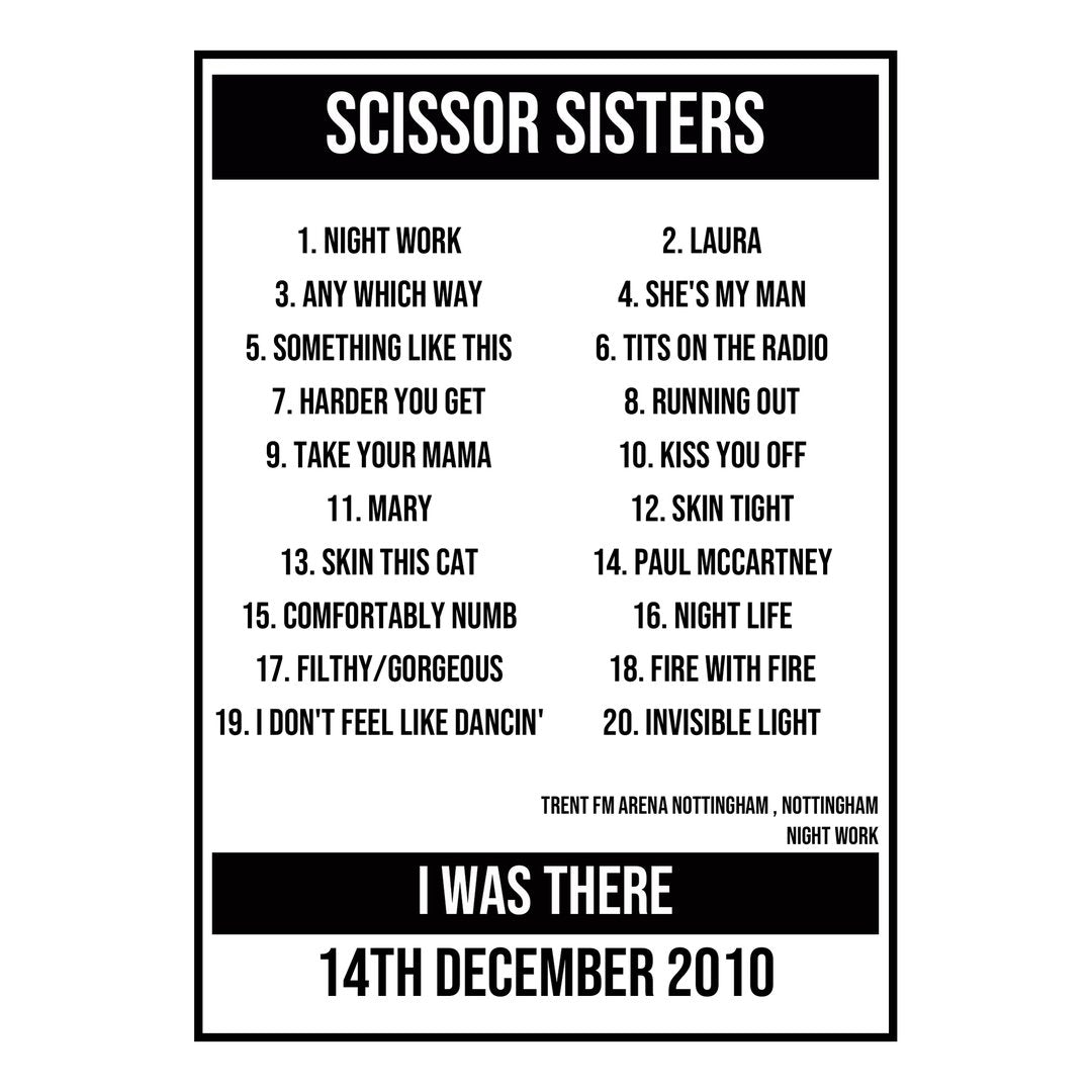 A Setlist Poster Featuring Scissor Sisters Gig from Nottingham in 2010