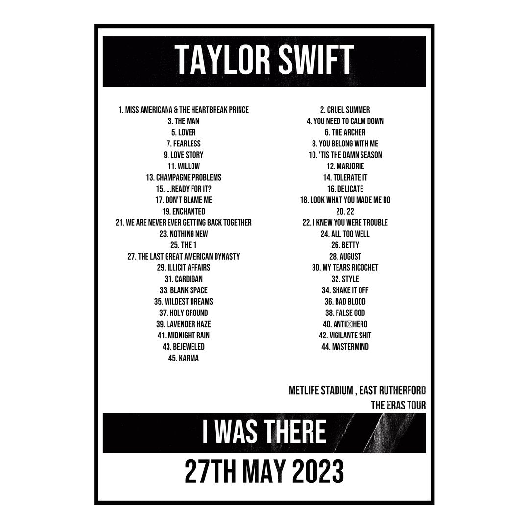 Taylor Swift East Rutherford 27th May 2023 Setlist poster