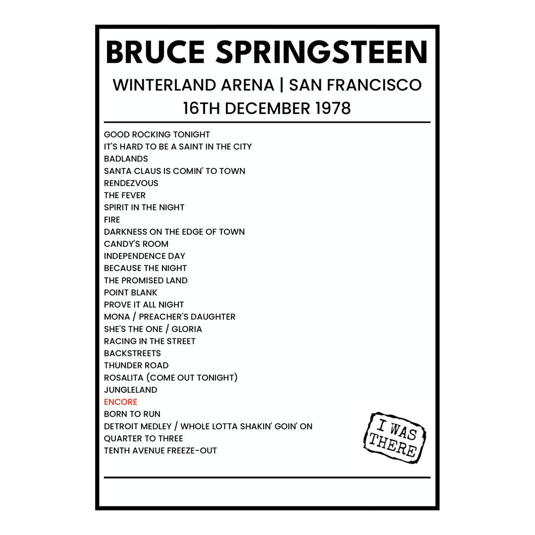 Bruce Springsteen San Francisco 16th December 1978 Setlist poster