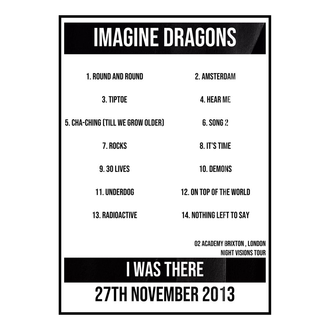 Imagine Dragons London 27th November 2013 Setlist poster