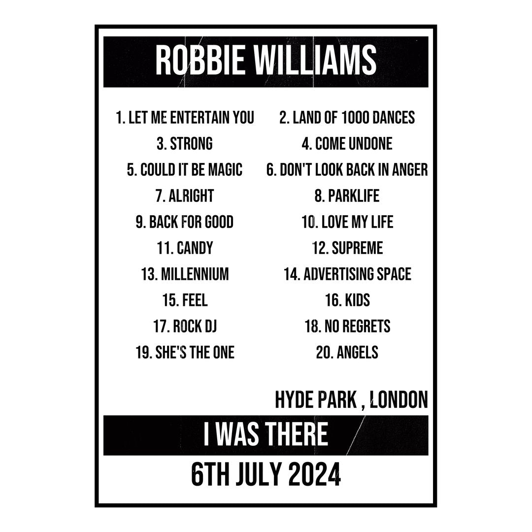 Robbie Williams London 6th July 2024 Setlist poster
