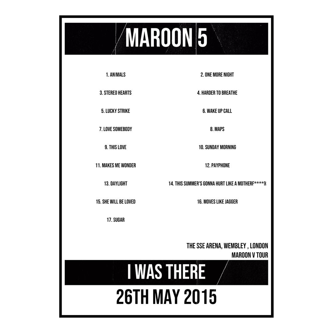 Maroon 5 London 26th May 2015 Setlist poster