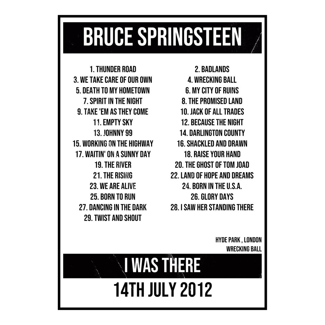 Bruce Springsteen London 14th July 2012 Setlist poster