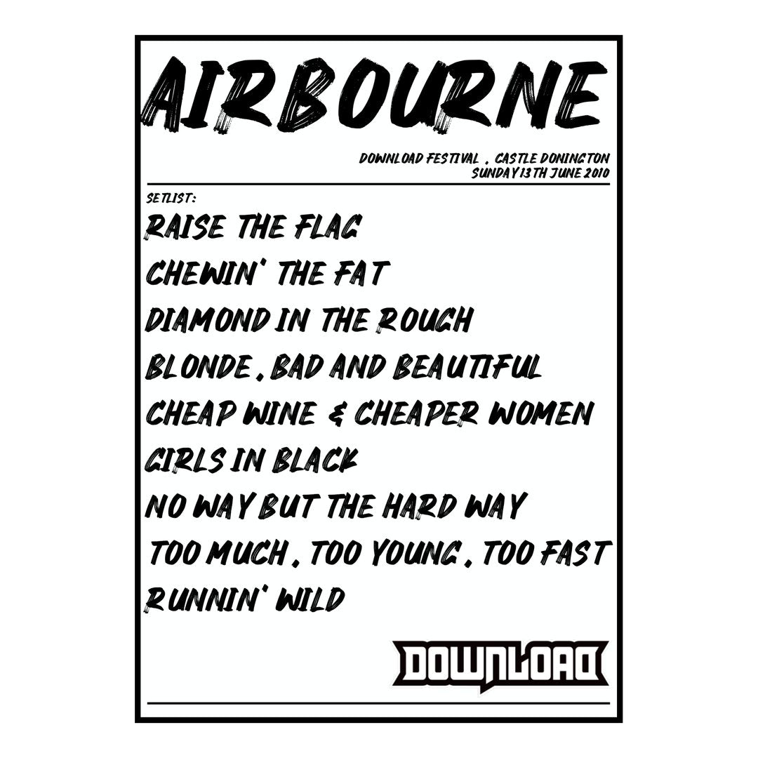 Airbourne Castle Donington 13th June 2010 Setlist poster