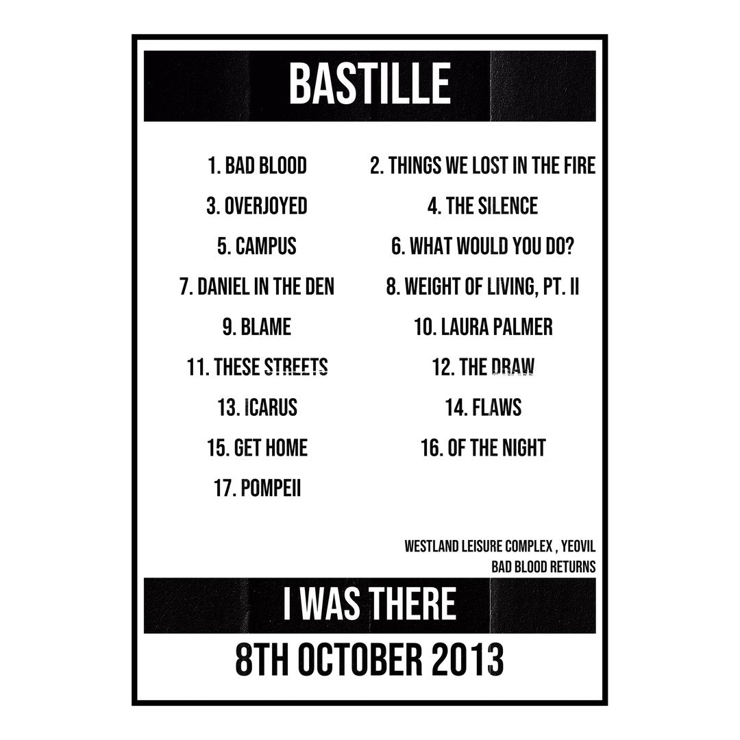 Bastille Yeovil 8th October 2013 Setlist poster