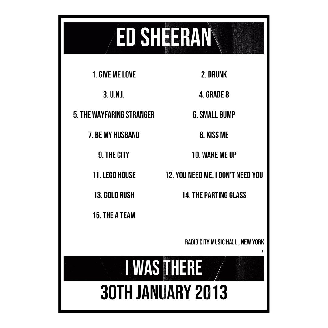 Ed Sheeran New York 30th January 2013 Setlist poster