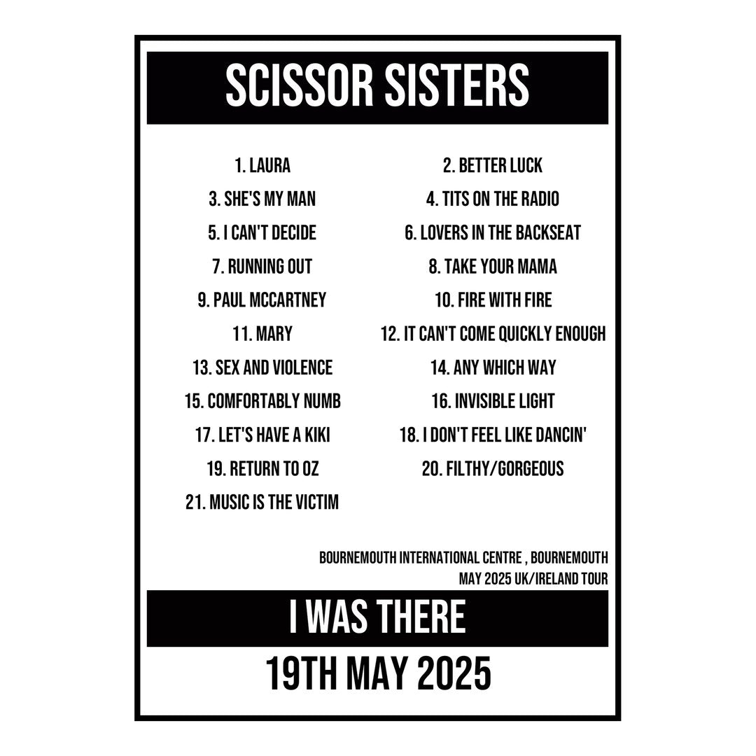 A Setlist Poster Featuring Scissor Sisters Gig from Bournemouth in 2025