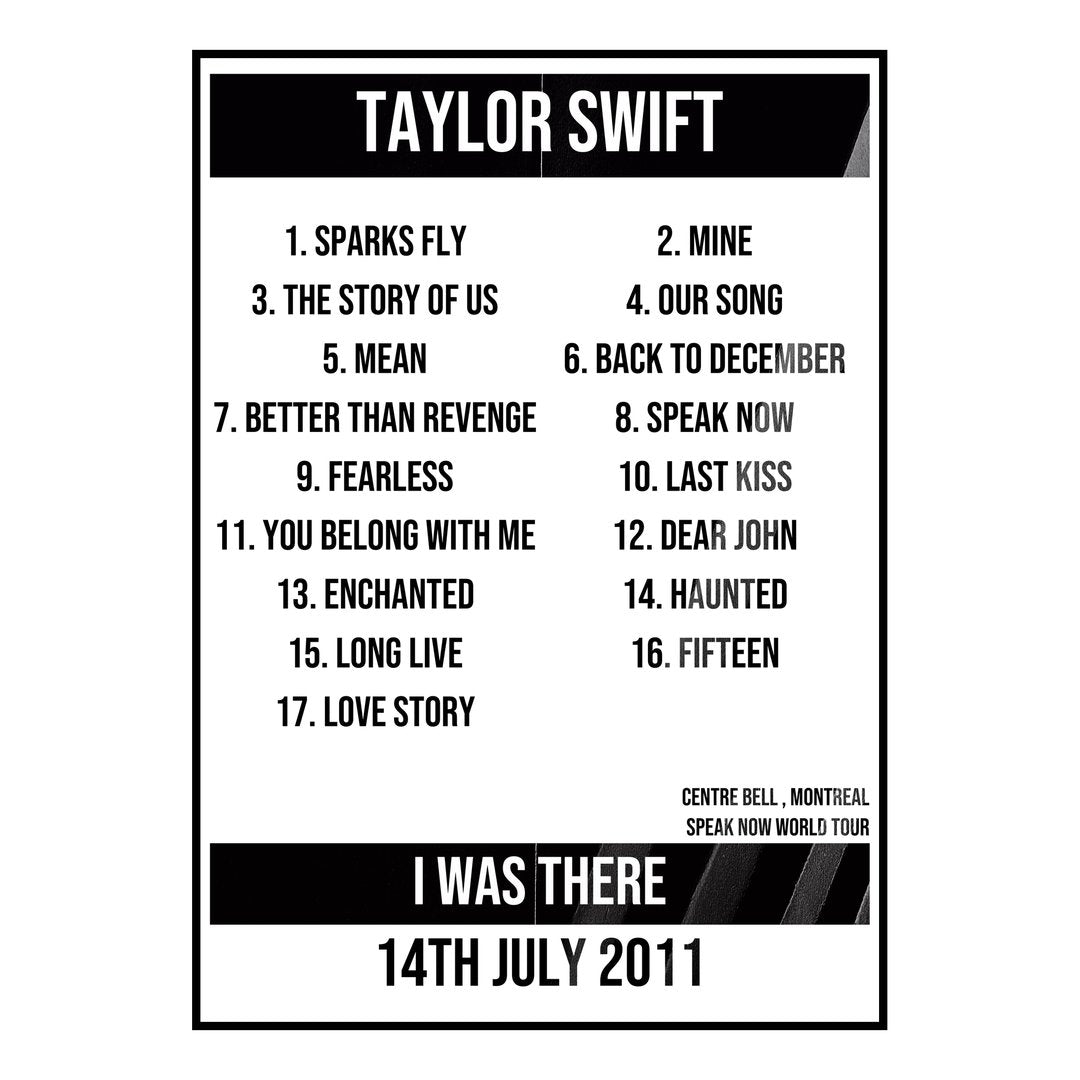 Taylor Swift Montreal 14th July 2011 Setlist poster