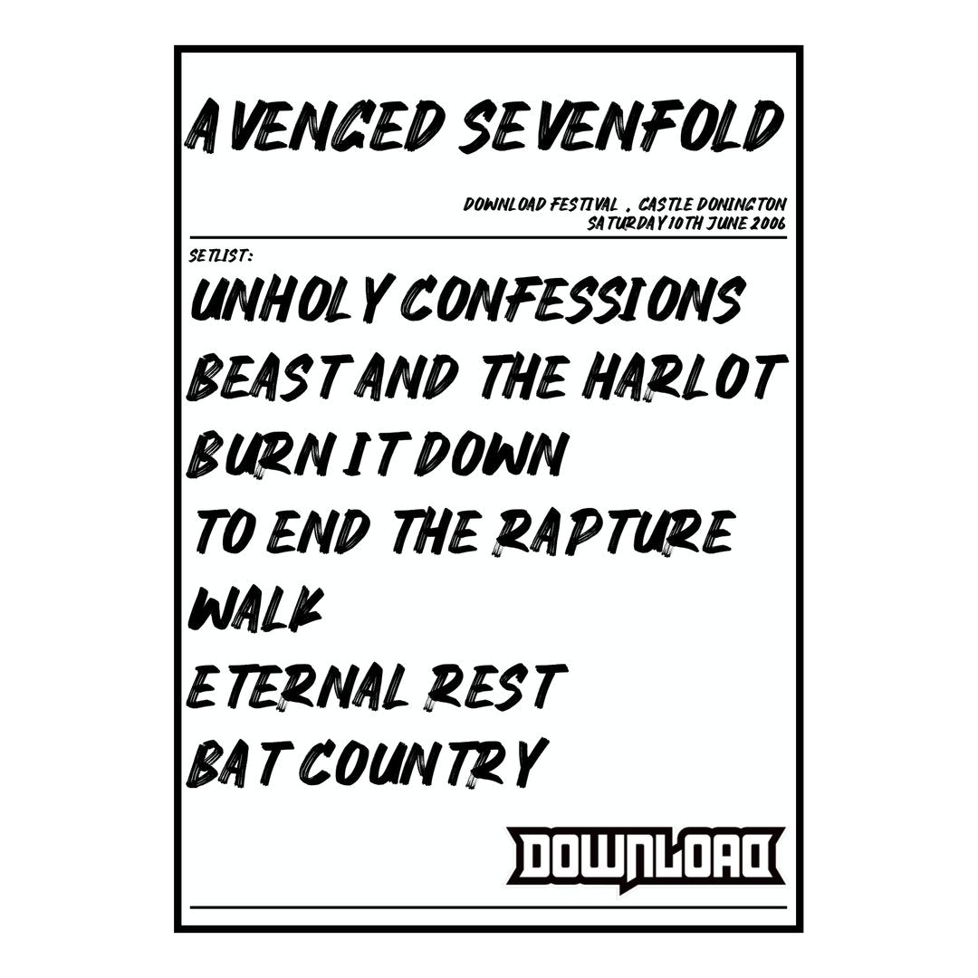 Avenged Sevenfold Castle Donington 10th June 2006 Setlist poster