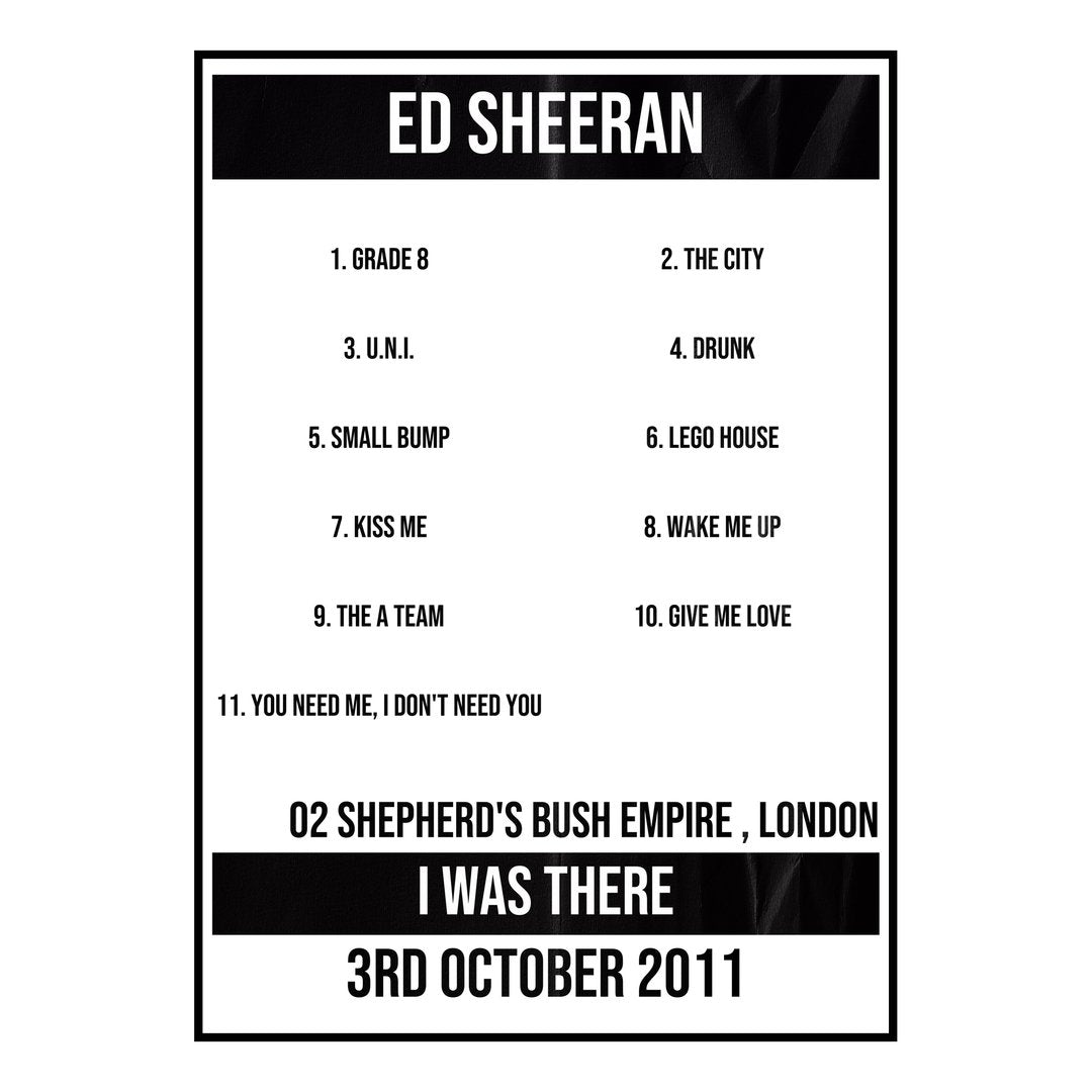 Ed Sheeran London 3rd October 2011 Setlist poster