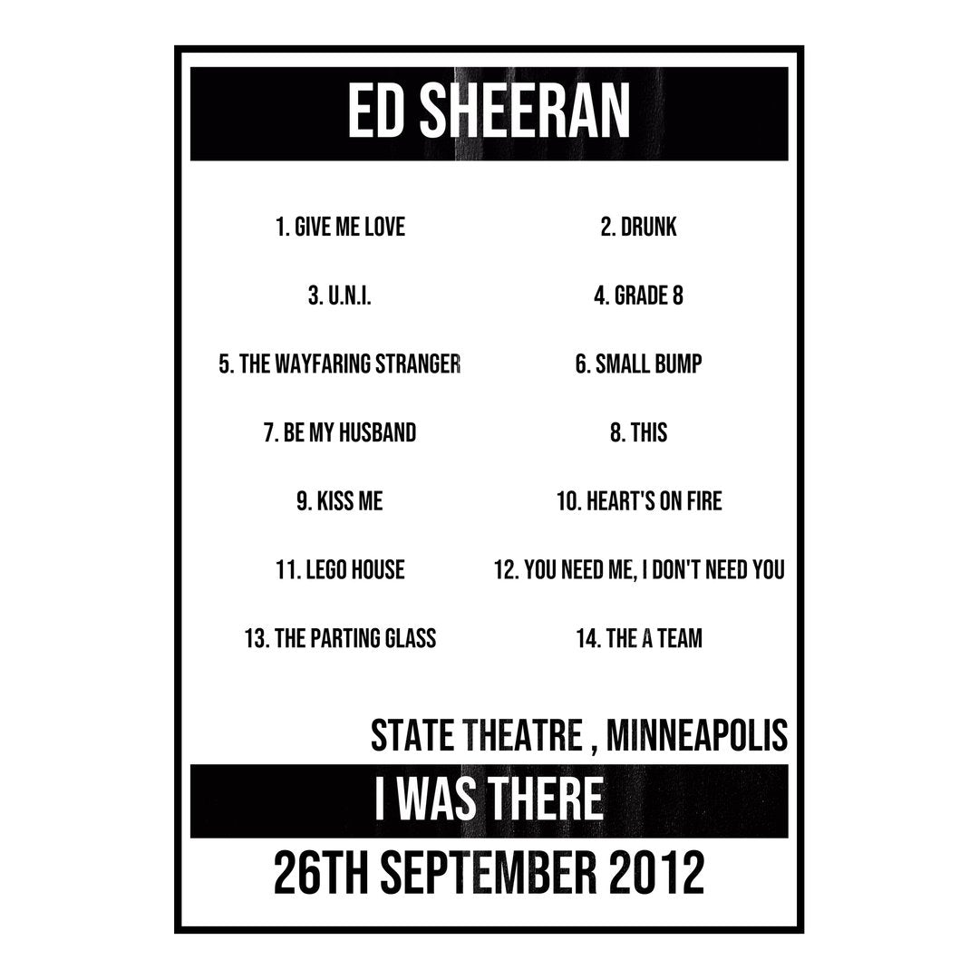 Ed Sheeran Minneapolis 26th September 2012 Setlist poster