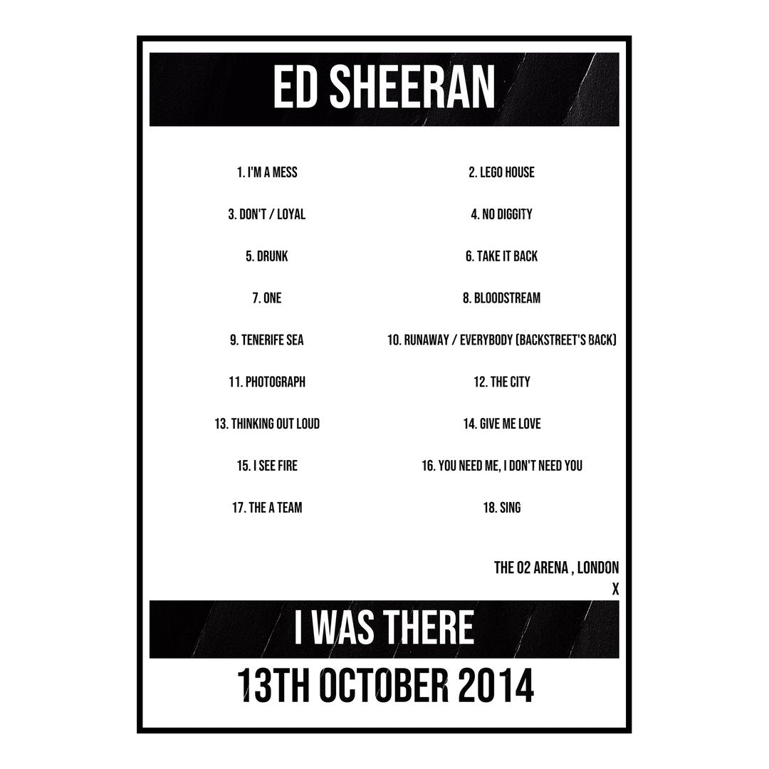 Ed Sheeran London 13th October 2014 Setlist poster