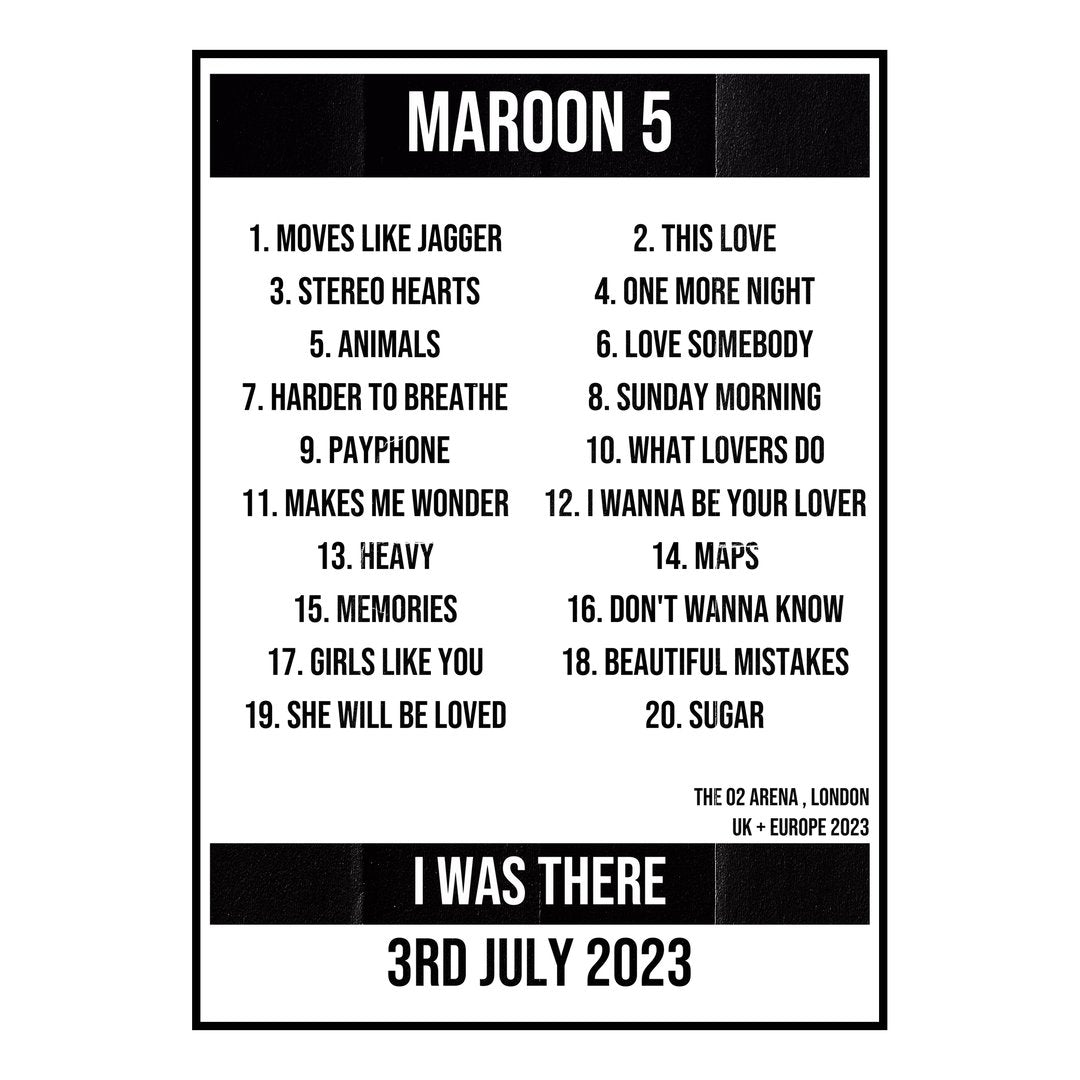 Maroon 5 London 3rd July 2023 Setlist poster