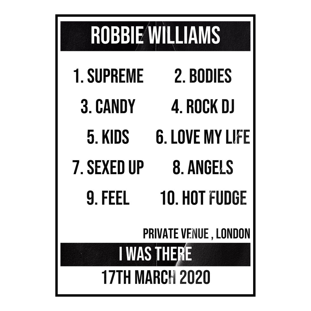 Robbie Williams London 17th March 2020 Setlist poster
