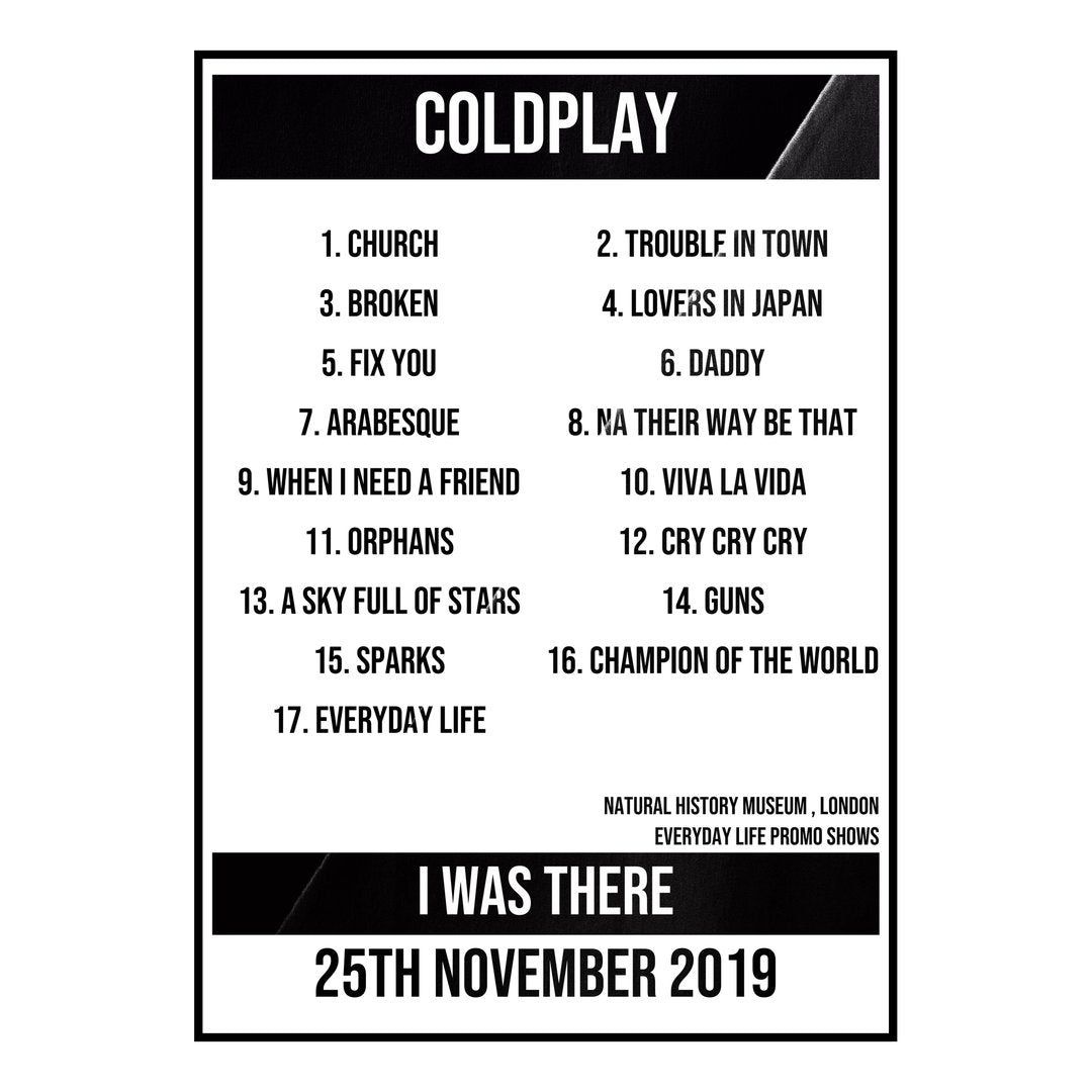 Coldplay London 25th November 2019 Setlist poster